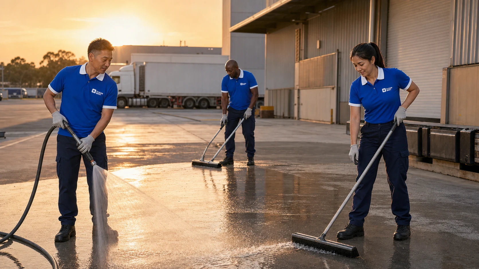 Clean Best operator scrubbing a warehouse slab floor at an industrial unit in Yennora NSW